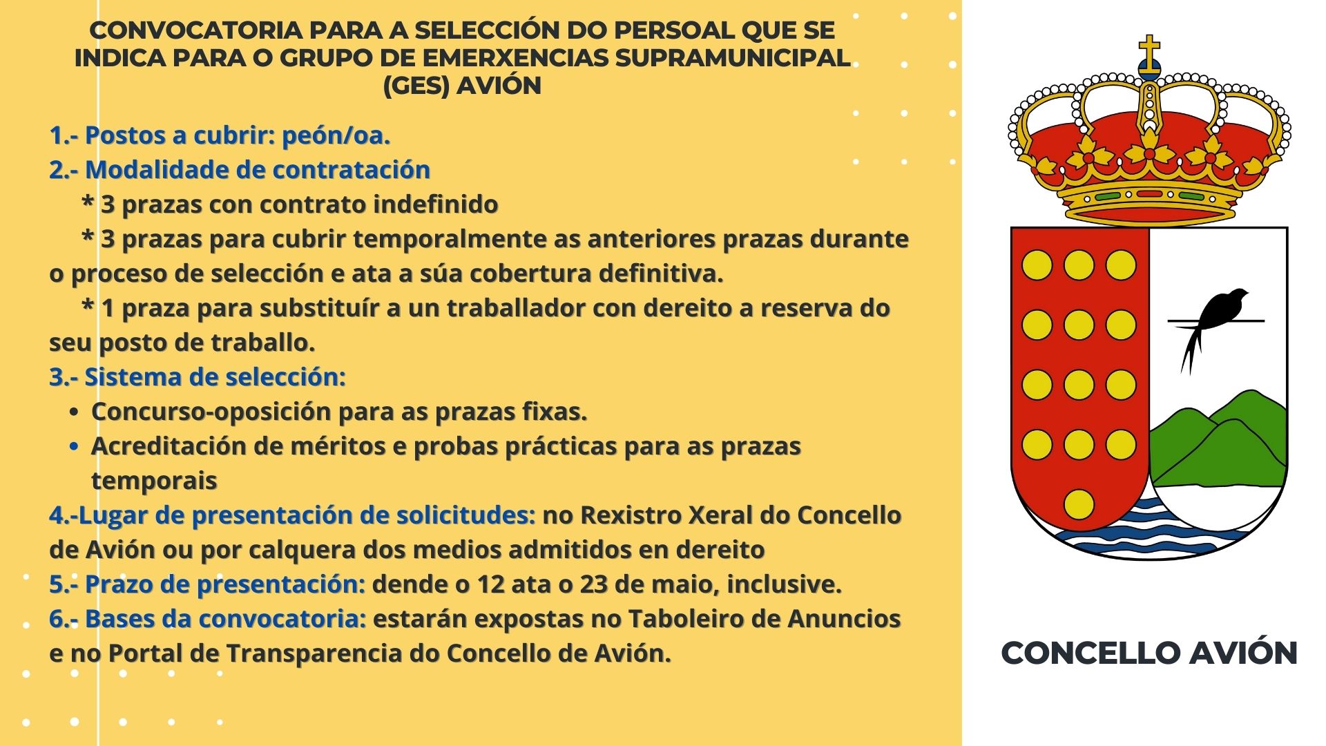CONVOCATORIA PARA A SELECCIÓN DE PERSOAL PARA O GRUPO DE EMERXENCIAS SUPRAMUNICIPAL (GES) DE AVIÓN