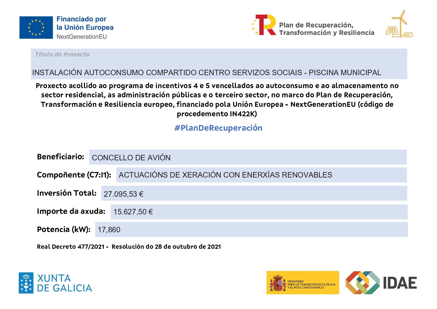 INSTALACIÓN AUTOCONSUMO COMPARTIDO CENTRO INTEGRAL SERVIZOS SOCIAIS-PISCINA MUNICIPAL